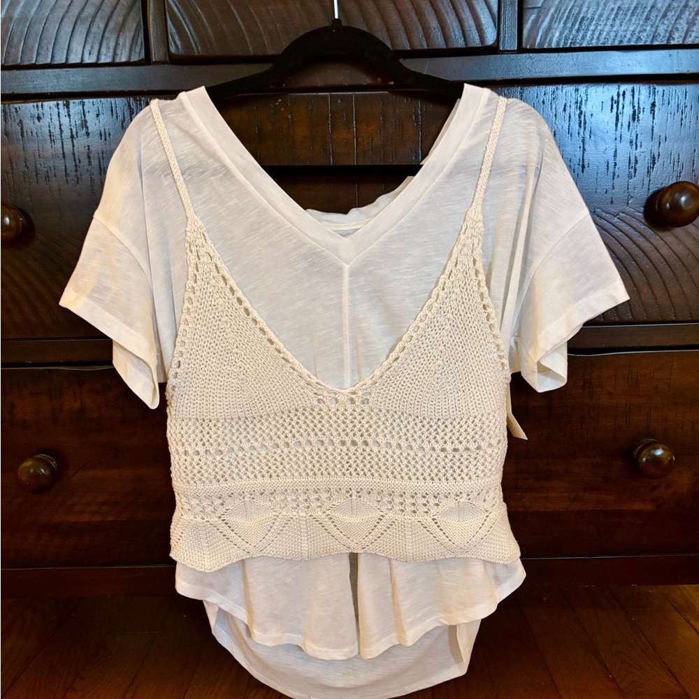 Anthropologie Pilcro NWT twofer white tee with attached beige crocheted vest